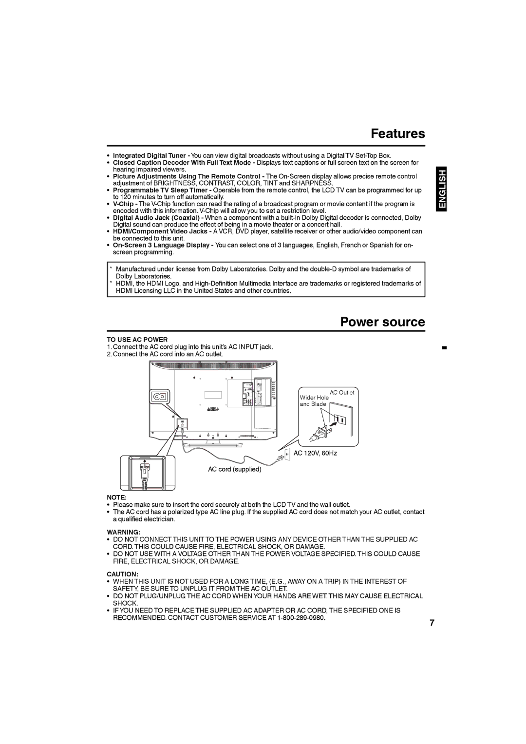 Sansui HDLCD4050 owner manual Features, Power source, To USE AC Power 