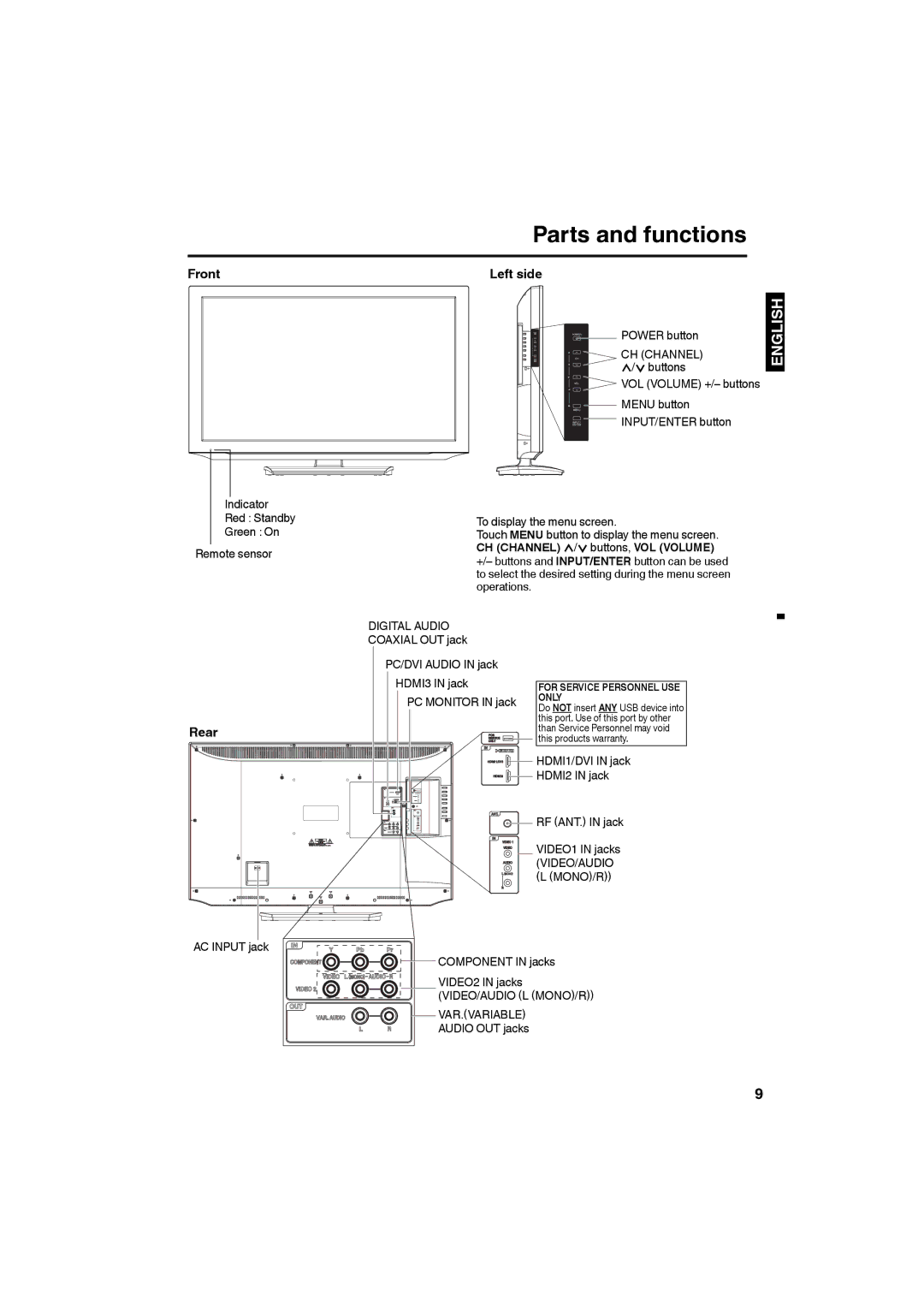 Sansui HDLCD4050 owner manual Parts and functions, Front, Rear, CH Channel 