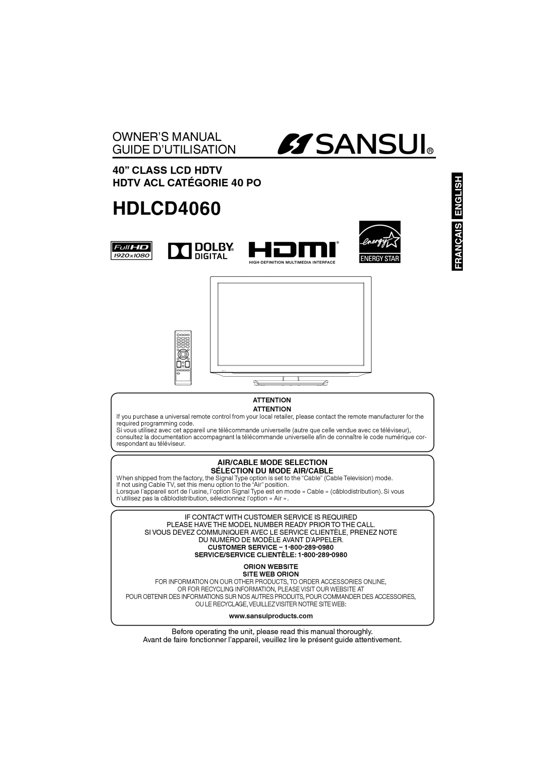 Sansui HDLCD4060 owner manual Customer Service, SERVICE/SERVICE Clientèle Orion Website Site WEB Orion 