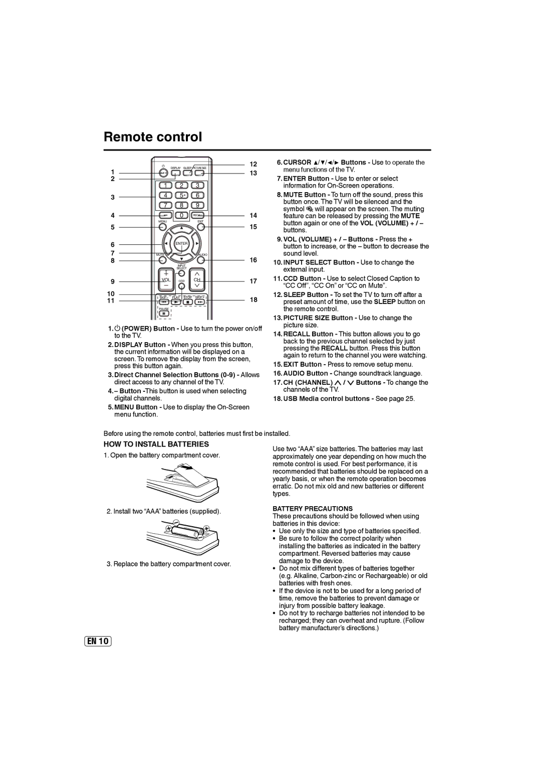 Sansui HDLCD4060 owner manual Remote control, CH Channel, Battery Precautions 