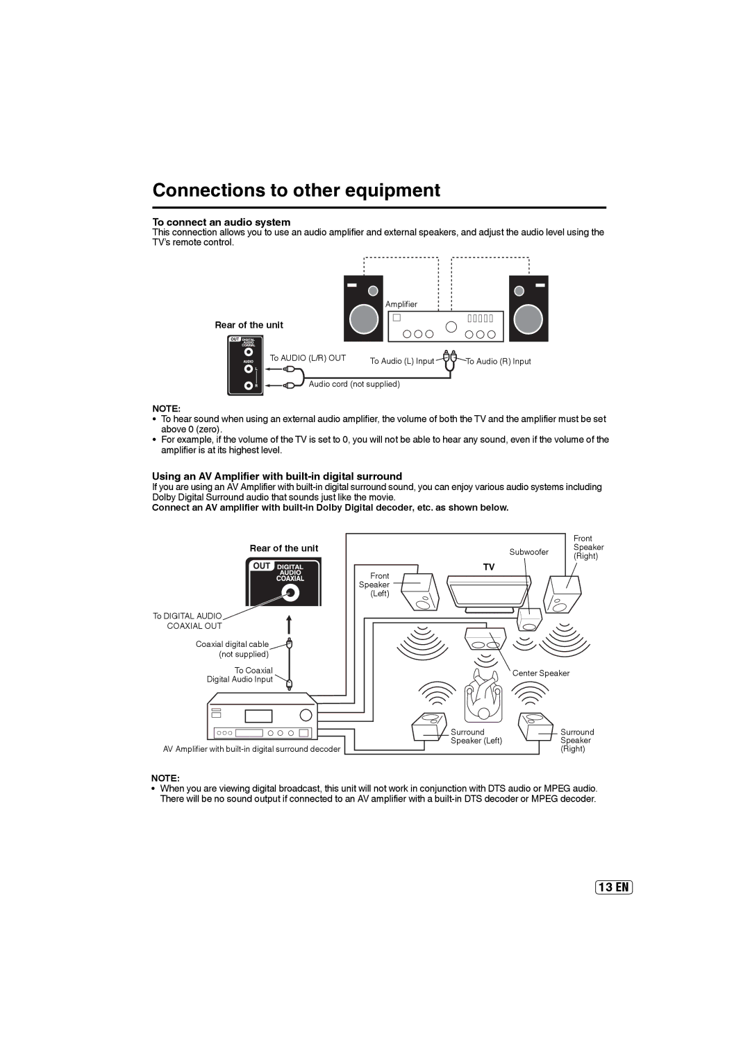 Sansui HDLCD4060 owner manual To connect an audio system, Using an AV Amplifier with built-in digital surround 