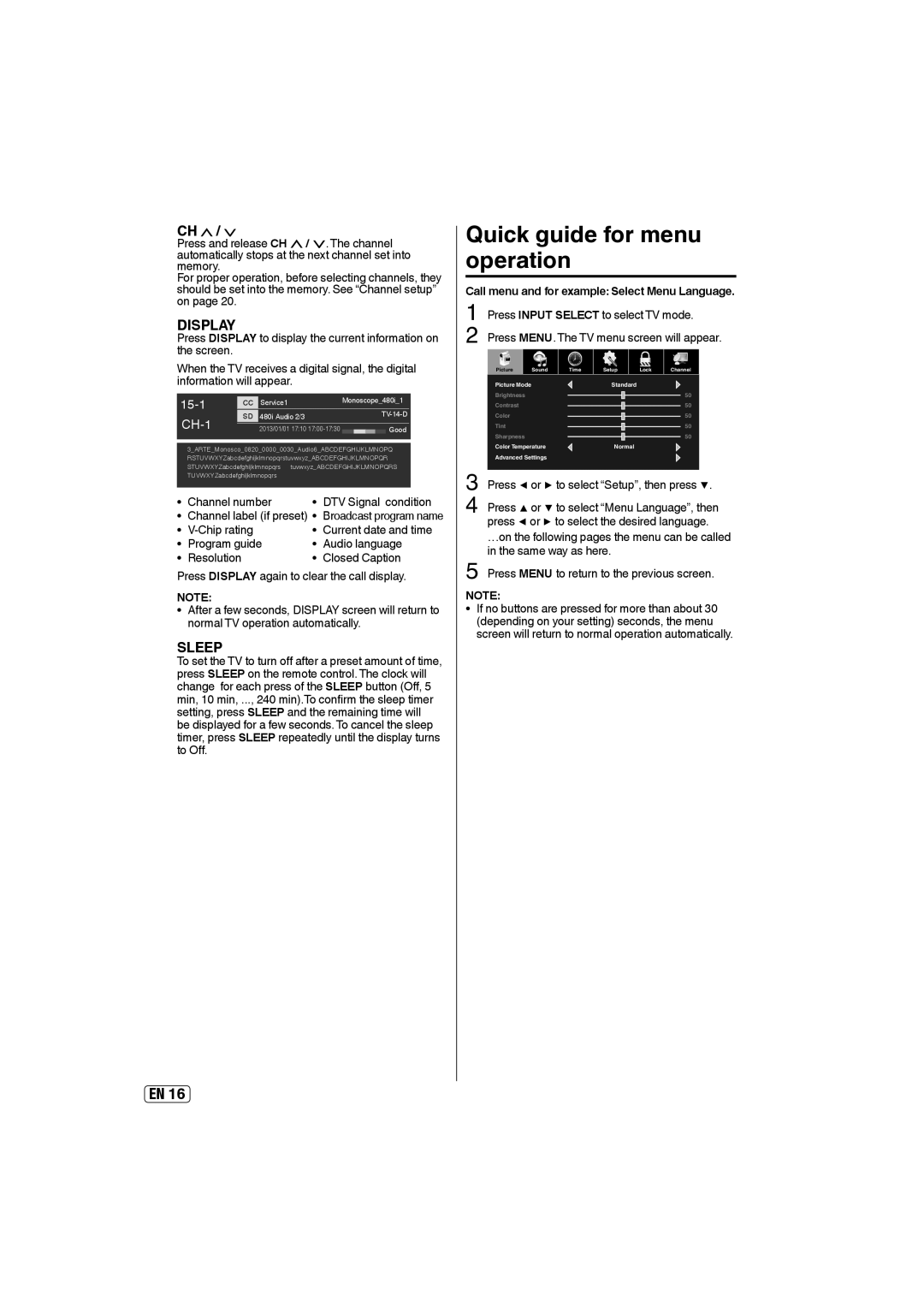 Sansui HDLCD4060 owner manual Quick guide for menu operation 