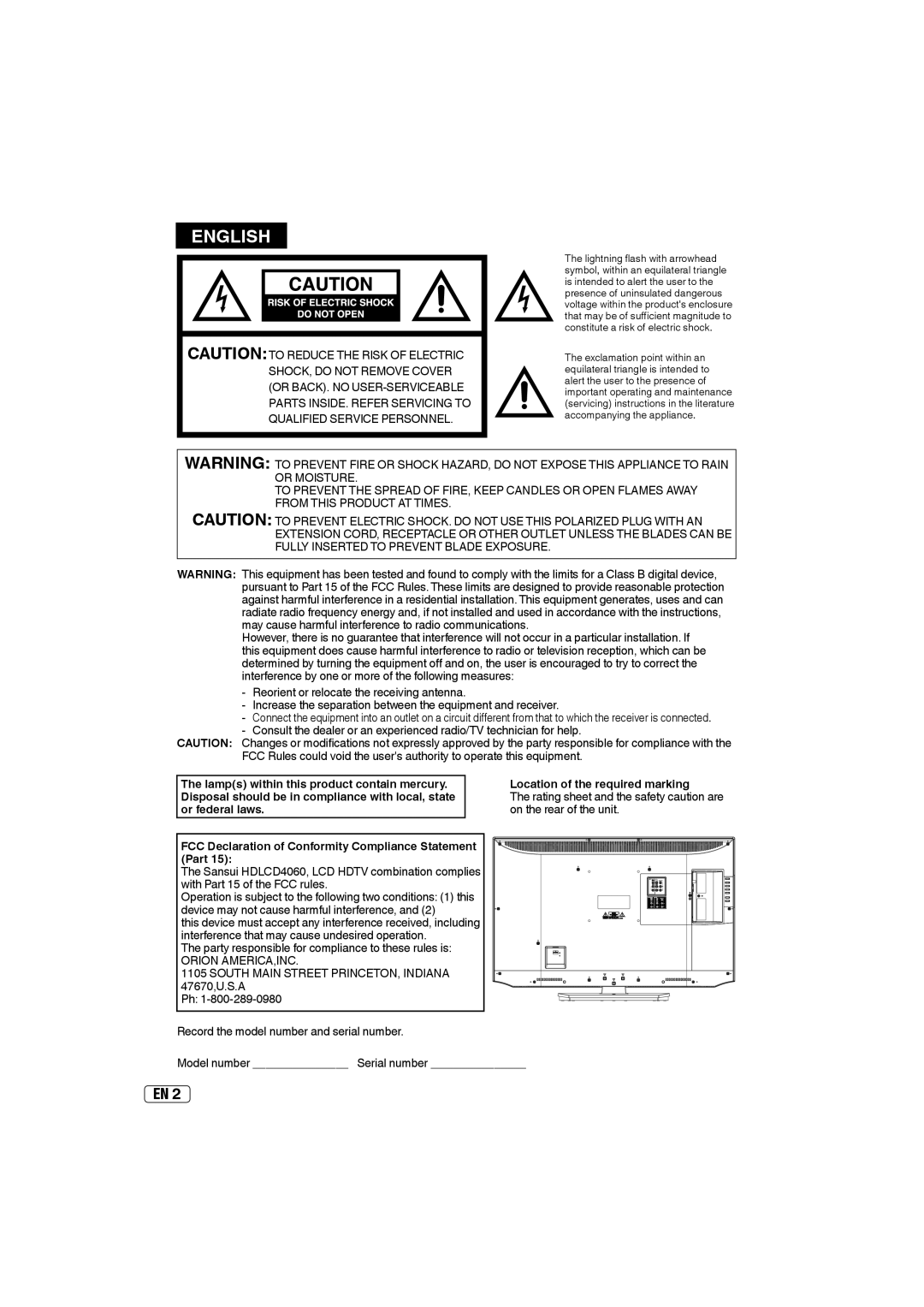 Sansui HDLCD4060 Or federal laws, On the rear of the unit, FCC Declaration of Conformity Compliance Statement Part 