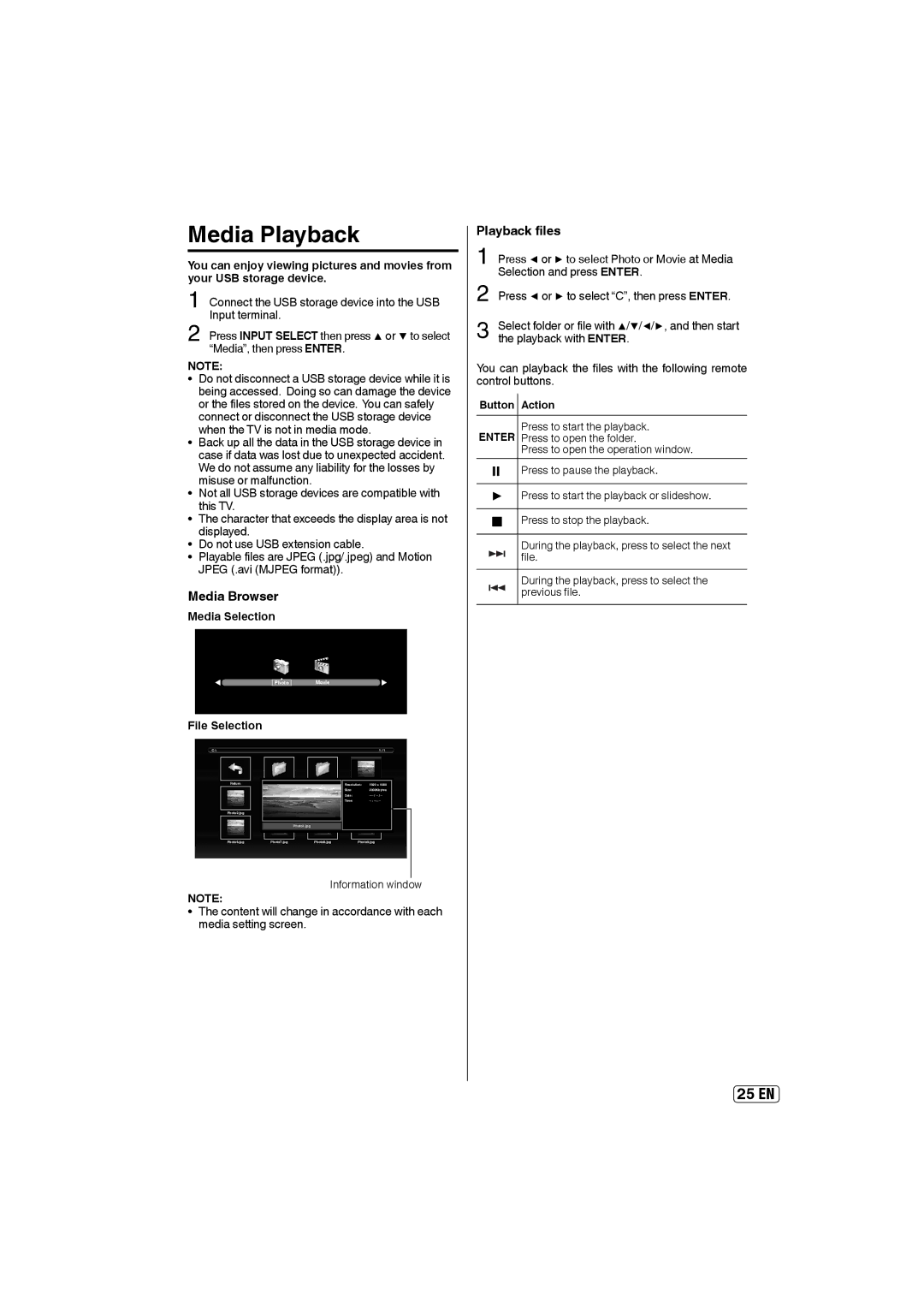 Sansui HDLCD4060 owner manual Media Playback, Media Browser, Playback files, Media Selection, File Selection 