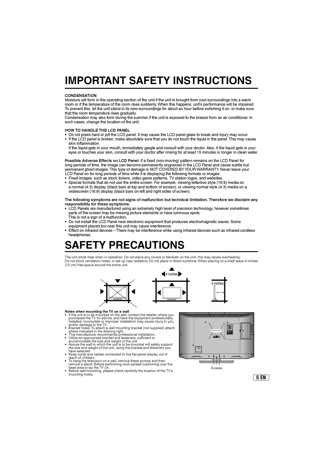 Sansui HDLCD4060 owner manual Condensation, HOW to Handle the LCD Panel 