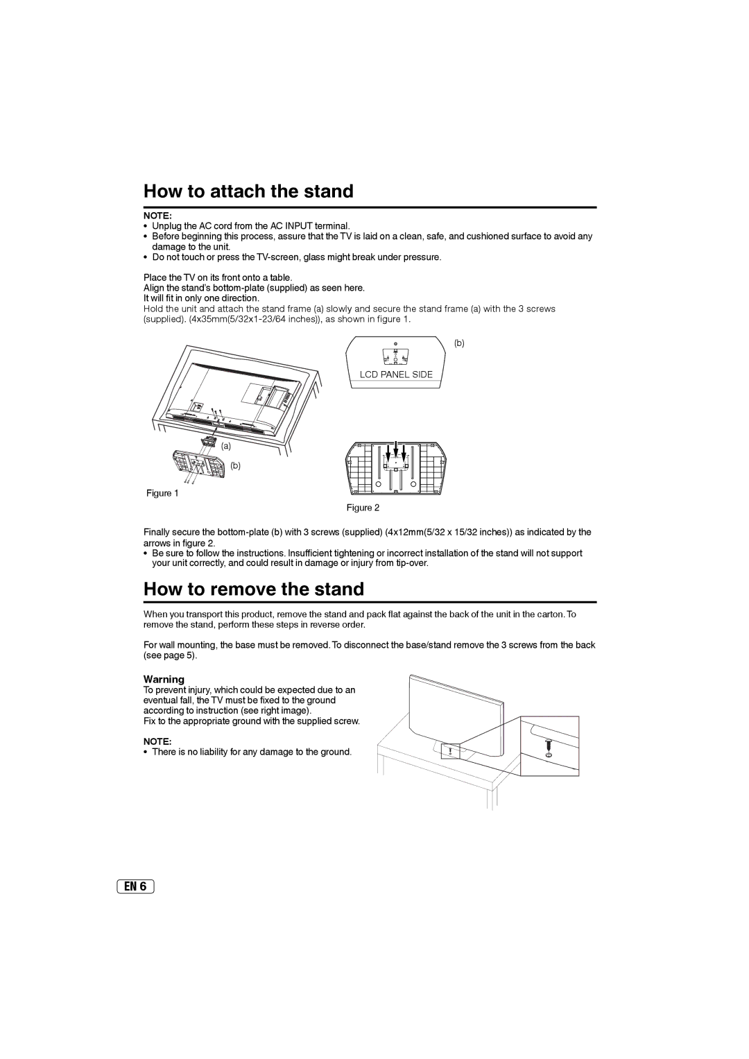 Sansui HDLCD4060 owner manual How to attach the stand, How to remove the stand, LCD Panel Side 