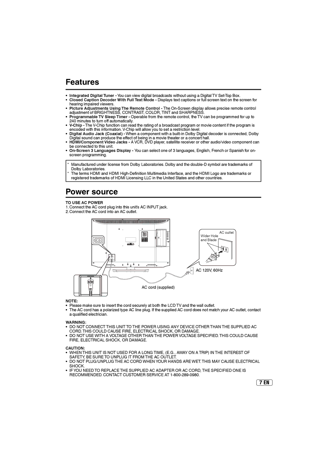 Sansui HDLCD4060 owner manual Features, Power source, To USE AC Power 