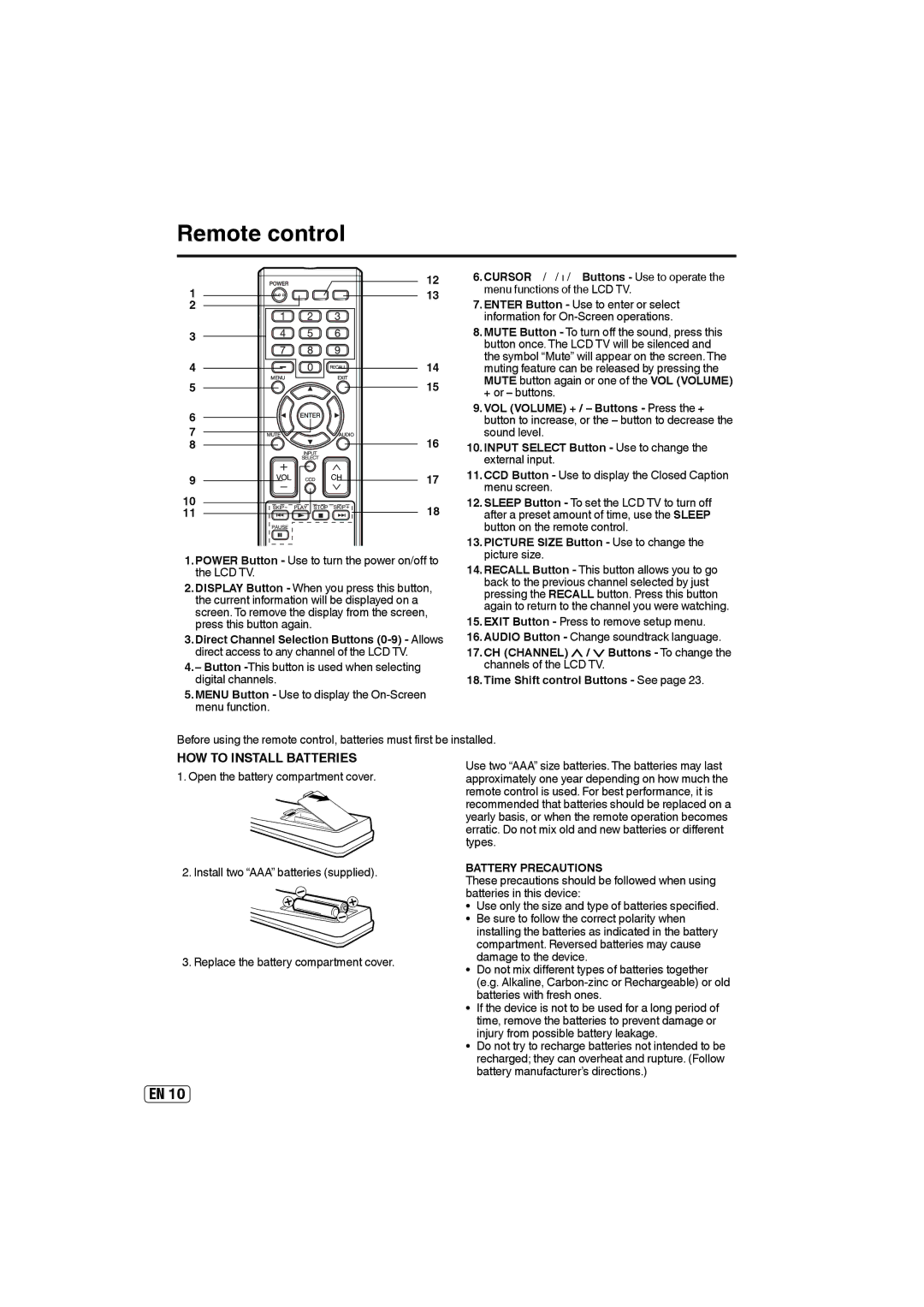 Sansui HDLCD5050A Remote control, Picture Size Button Use to change the picture size, CH Channel / Buttons To change 