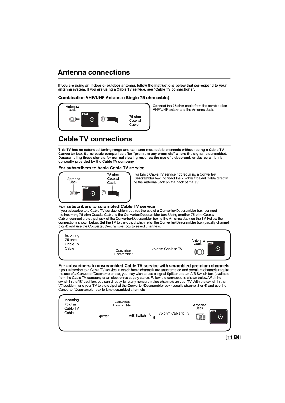 Sansui HDLCD5050A owner manual Antenna connections, Cable TV connections 