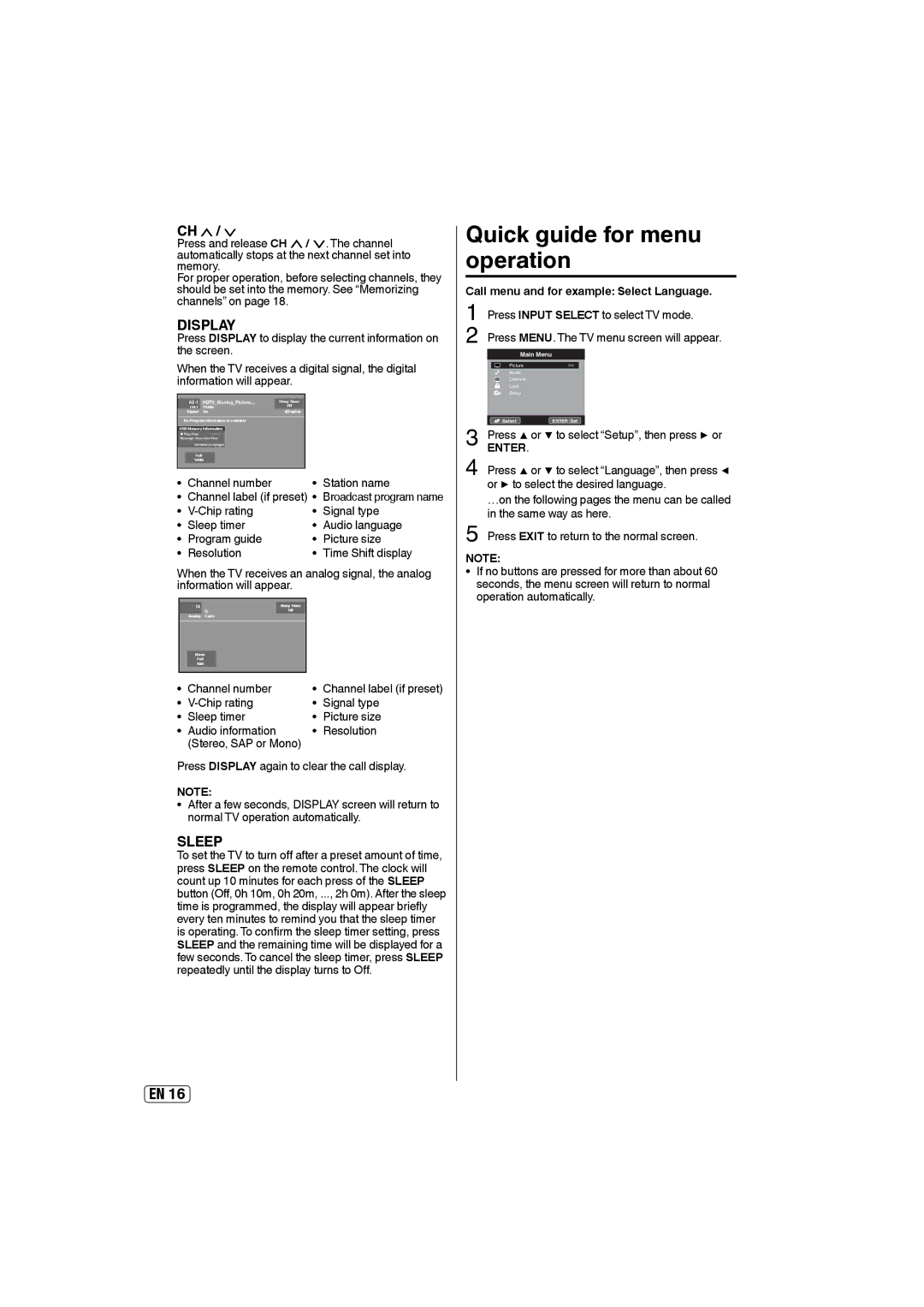 Sansui HDLCD5050A Quick guide for menu operation, Channel number Station name, Press MENU. The TV menu screen will appear 