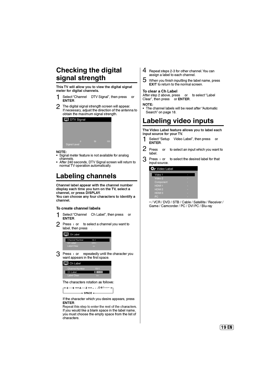 Sansui HDLCD5050 Checking the digital signal strength, Labeling channels, Labeling video inputs, To create channel labels 