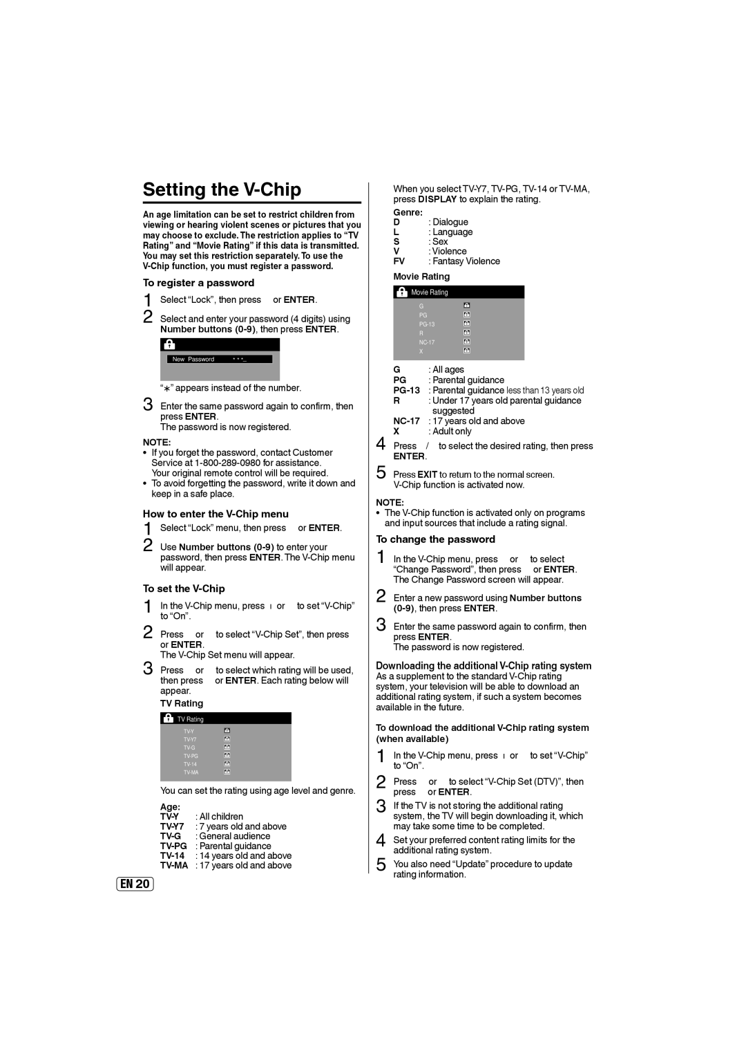 Sansui HDLCD5050A owner manual Setting the V-Chip, To register a password, How to enter the V-Chip menu, To set the V-Chip 