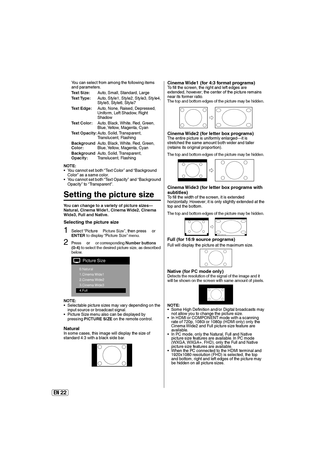 Sansui HDLCD5050A owner manual Setting the picture size 