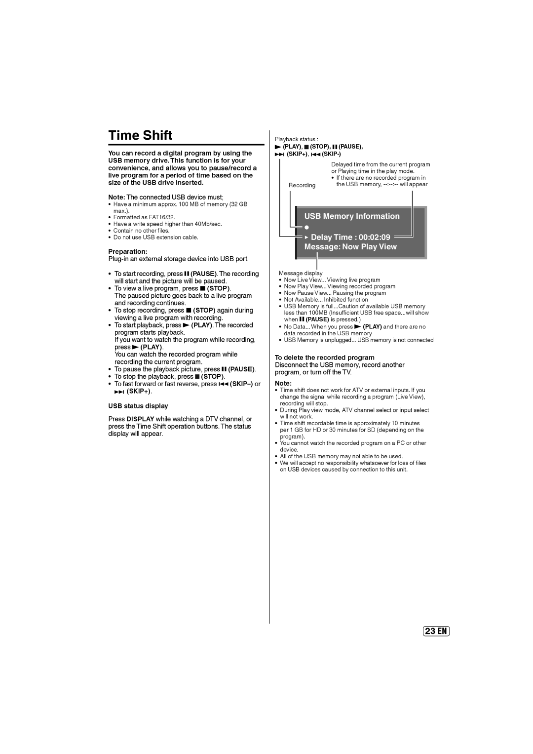 Sansui HDLCD5050A owner manual Time Shift, Preparation, Plug-in an external storage device into USB port 