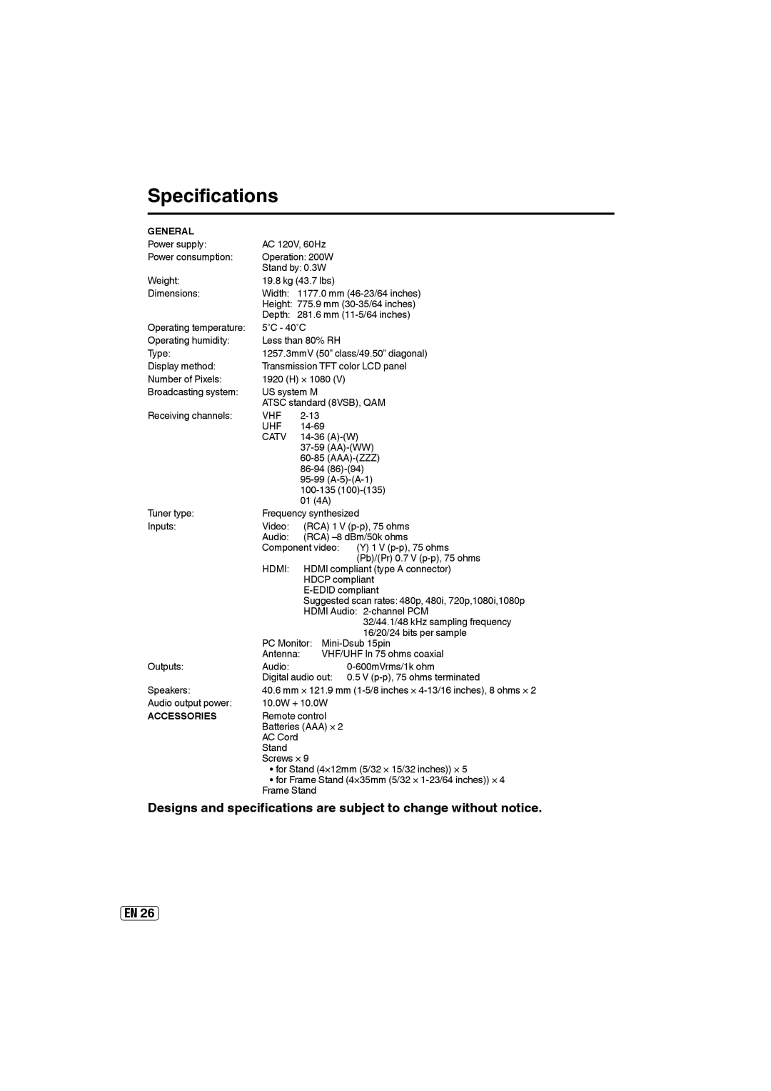 Sansui HDLCD5050A owner manual Specifications, General, Accessories 