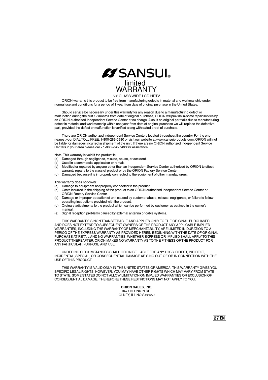 Sansui HDLCD5050A owner manual Orion SALES, INC, 3471 N. Union DR, OLNEY, Illinois 