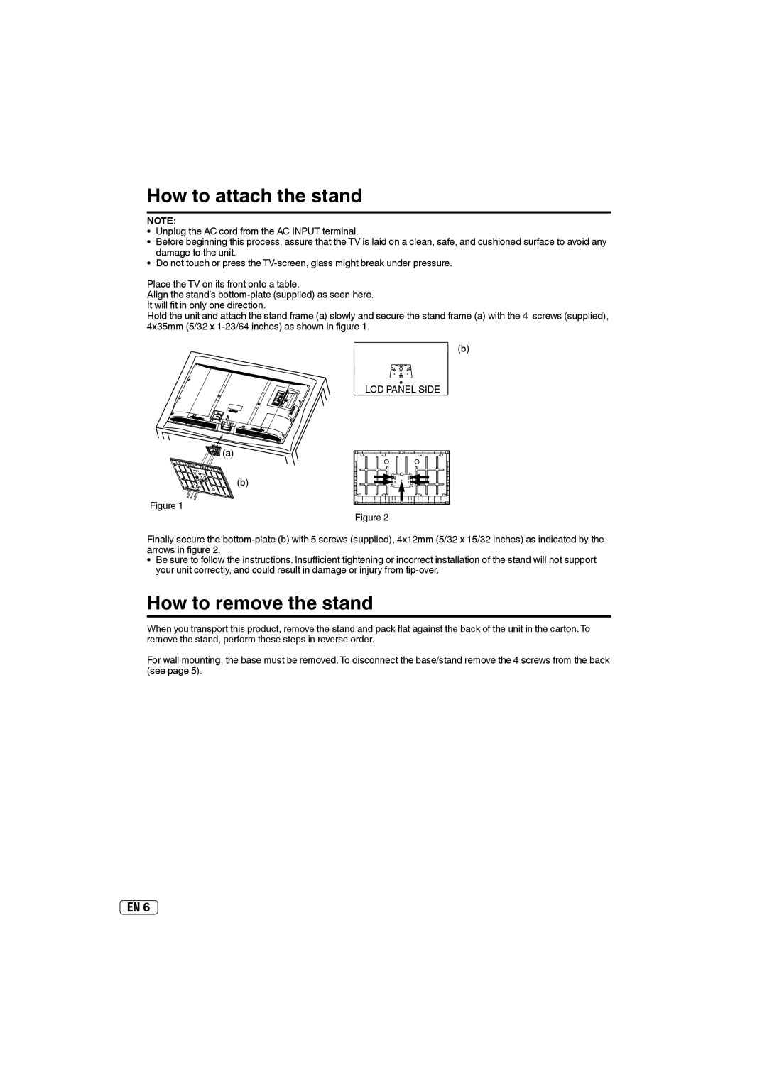 Sansui HDLCD5050A owner manual How to attach the stand, How to remove the stand, LCD Panel Side 