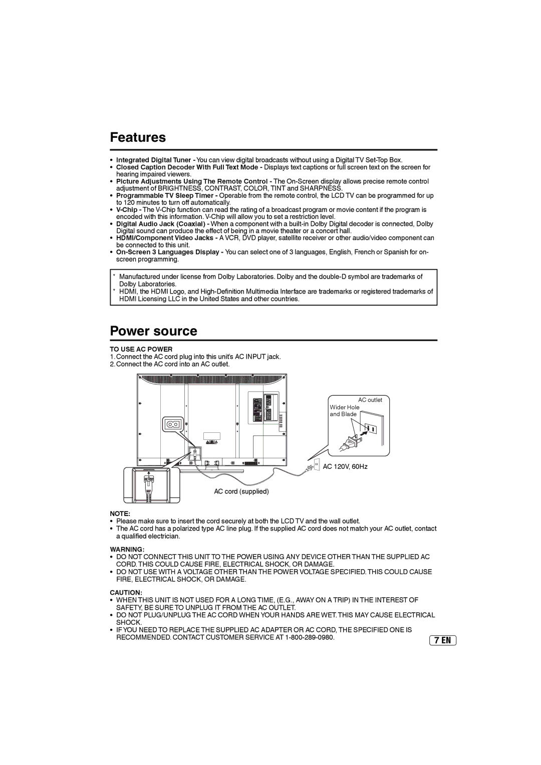 Sansui HDLCD5050A owner manual Features, Power source, To USE AC Power 