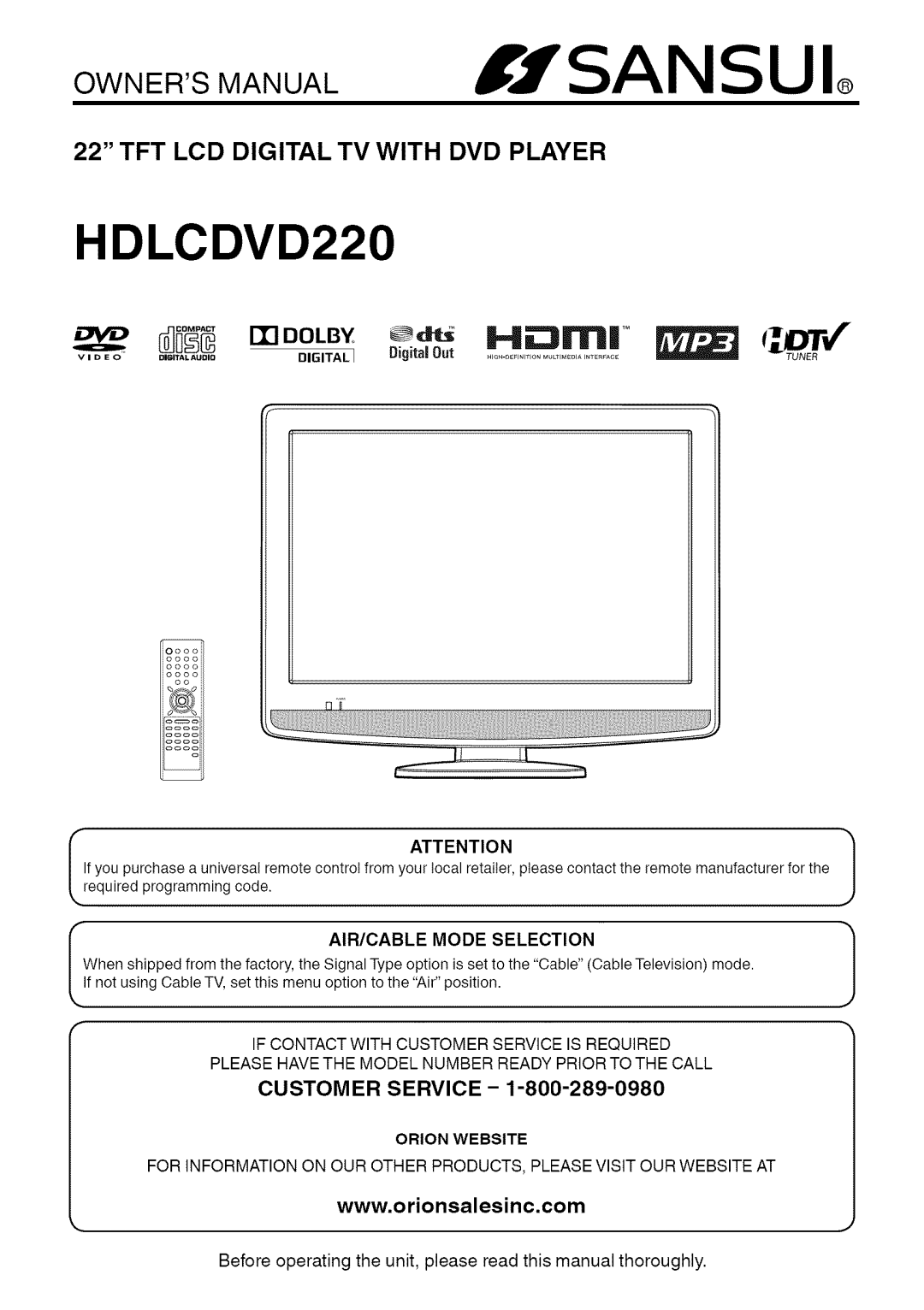 Sansui HDLCDVD220 owner manual Ijsansui, Orlon Website 