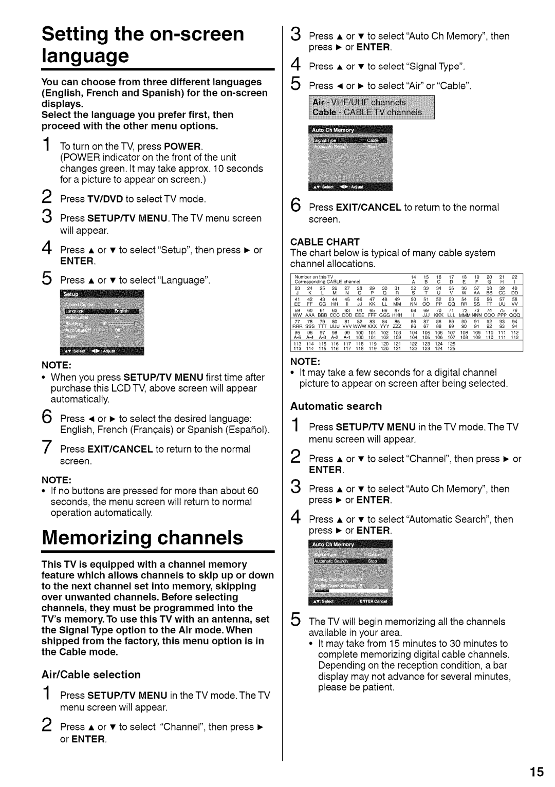 Sansui HDLCDVD220 Memorizing channels, Automatic search Press SETUP/TV Menu in the TV mode.The TV, Enter, Cable Chart 