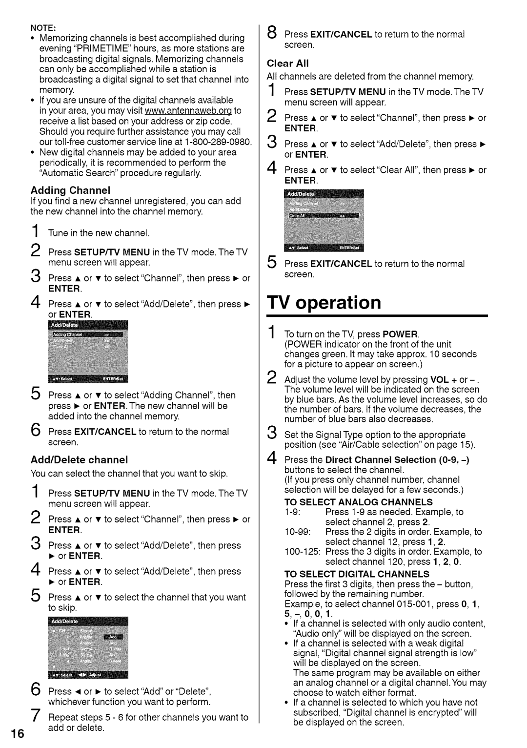 Sansui HDLCDVD220 TV operation, Adding Channel, Or Enter, To Select Analog Channels, To Select Digital Channels 