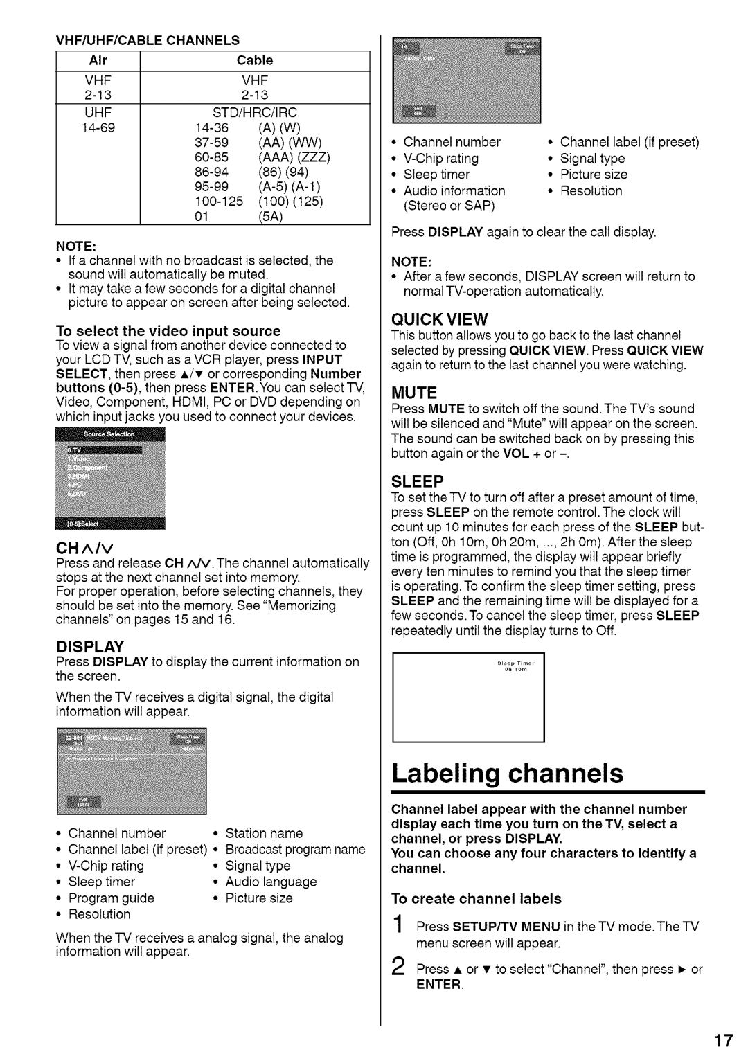 Sansui HDLCDVD220 owner manual Labeling channels, VHF/UHF/CABLE Channels, Air Cable, To select the video input source 