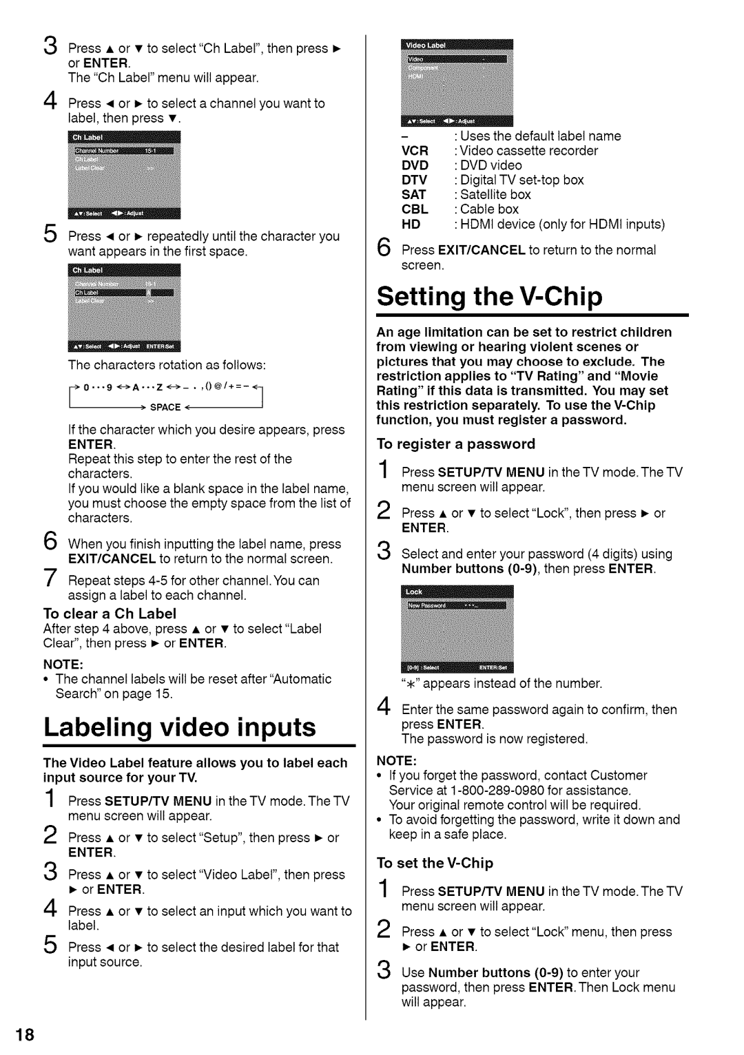 Sansui HDLCDVD220 Labeling video inputs, Setting the V-Chip, Press or to select an input which you want to label 