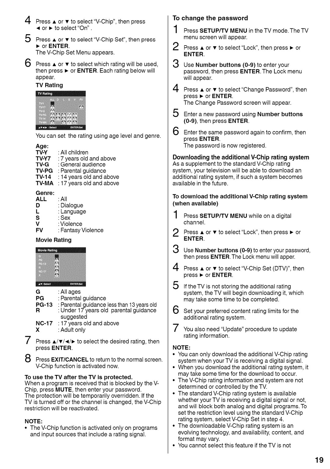 Sansui HDLCDVD220 owner manual To change the password, Press or to select Lock, then press or, Genre, Movie Rating 