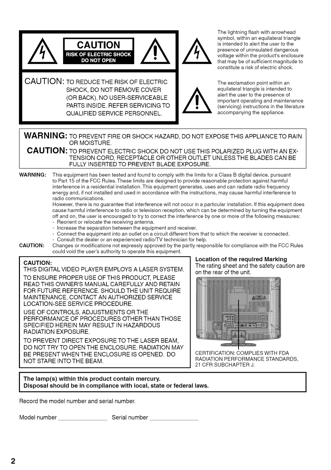 Sansui HDLCDVD220 owner manual Shock Do not Remove Cover, Or BACK. no USER-SERVICEABLE, Parts INSIDE. Refer Servicing to 