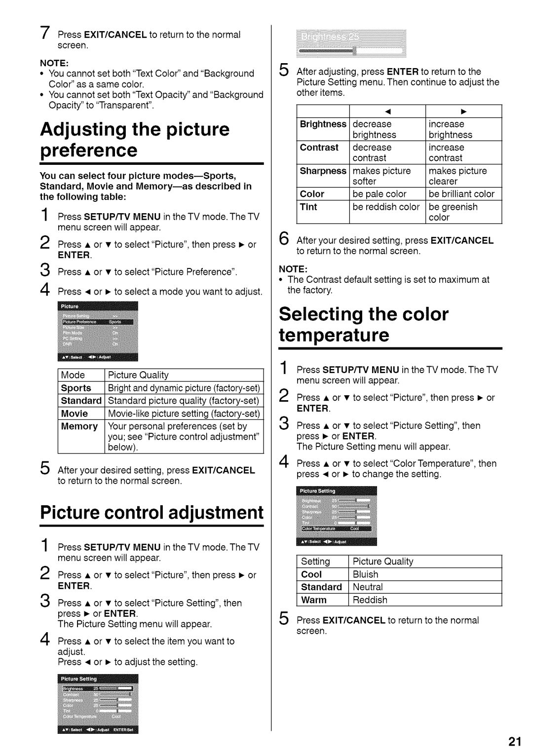 Sansui HDLCDVD220 owner manual Adjusting the picture preference, Temperature, Picture control adjustment 