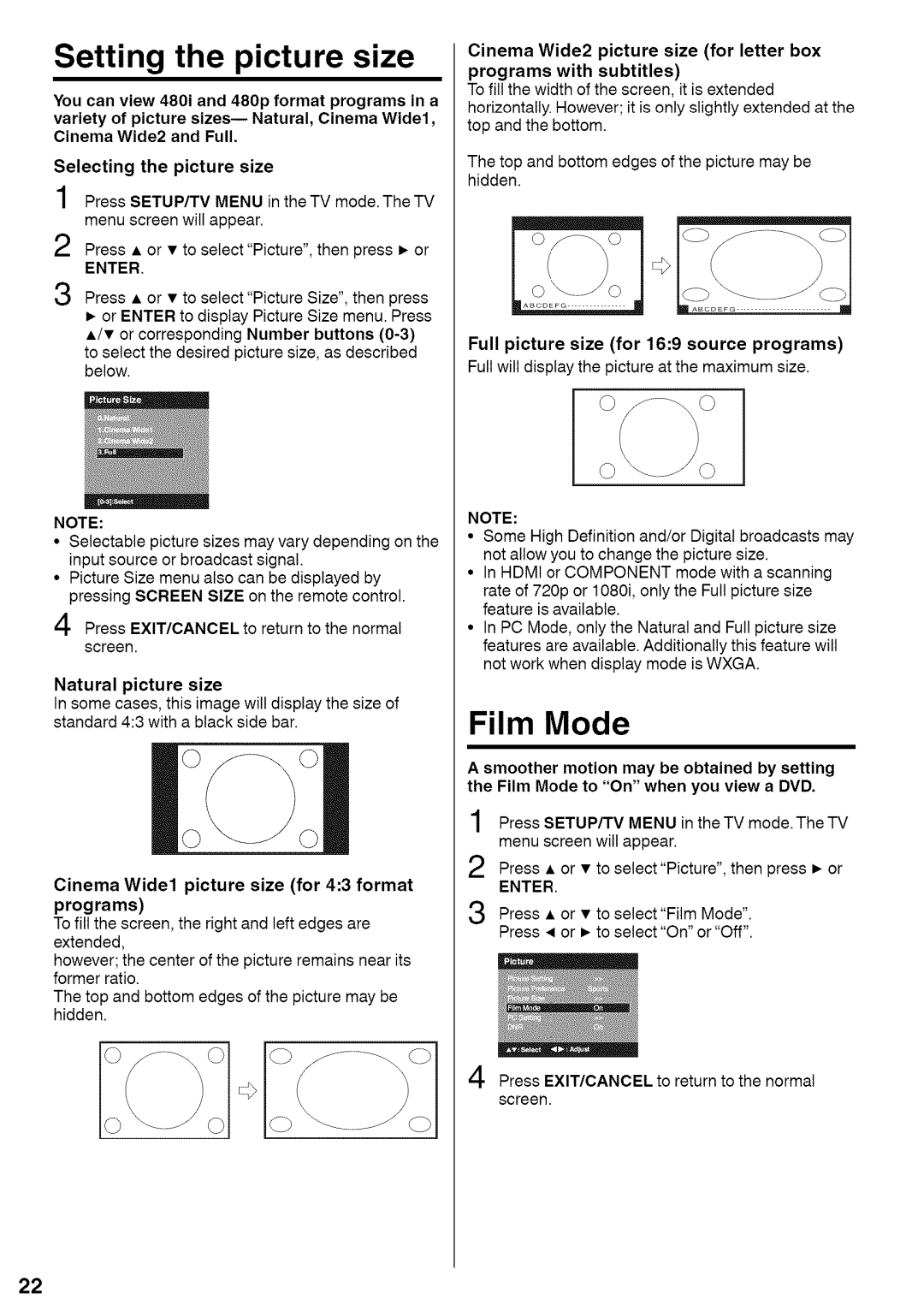 Sansui HDLCDVD220 owner manual Setting the picture size, Film Mode, Cinema Wide1 picture size for 43 format programs 