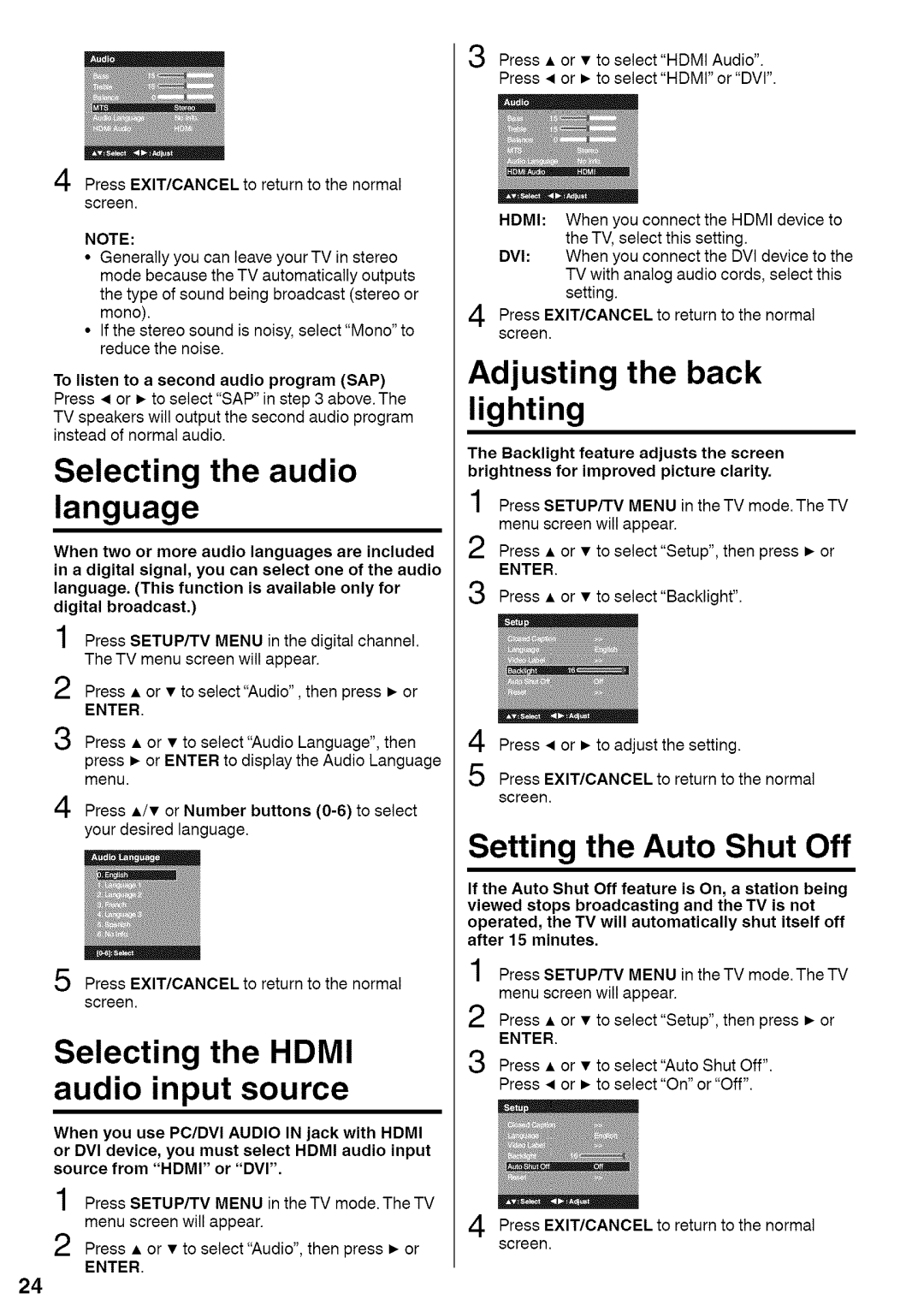 Sansui HDLCDVD220 owner manual Language, Audio input source, Adjusting the back lighting 