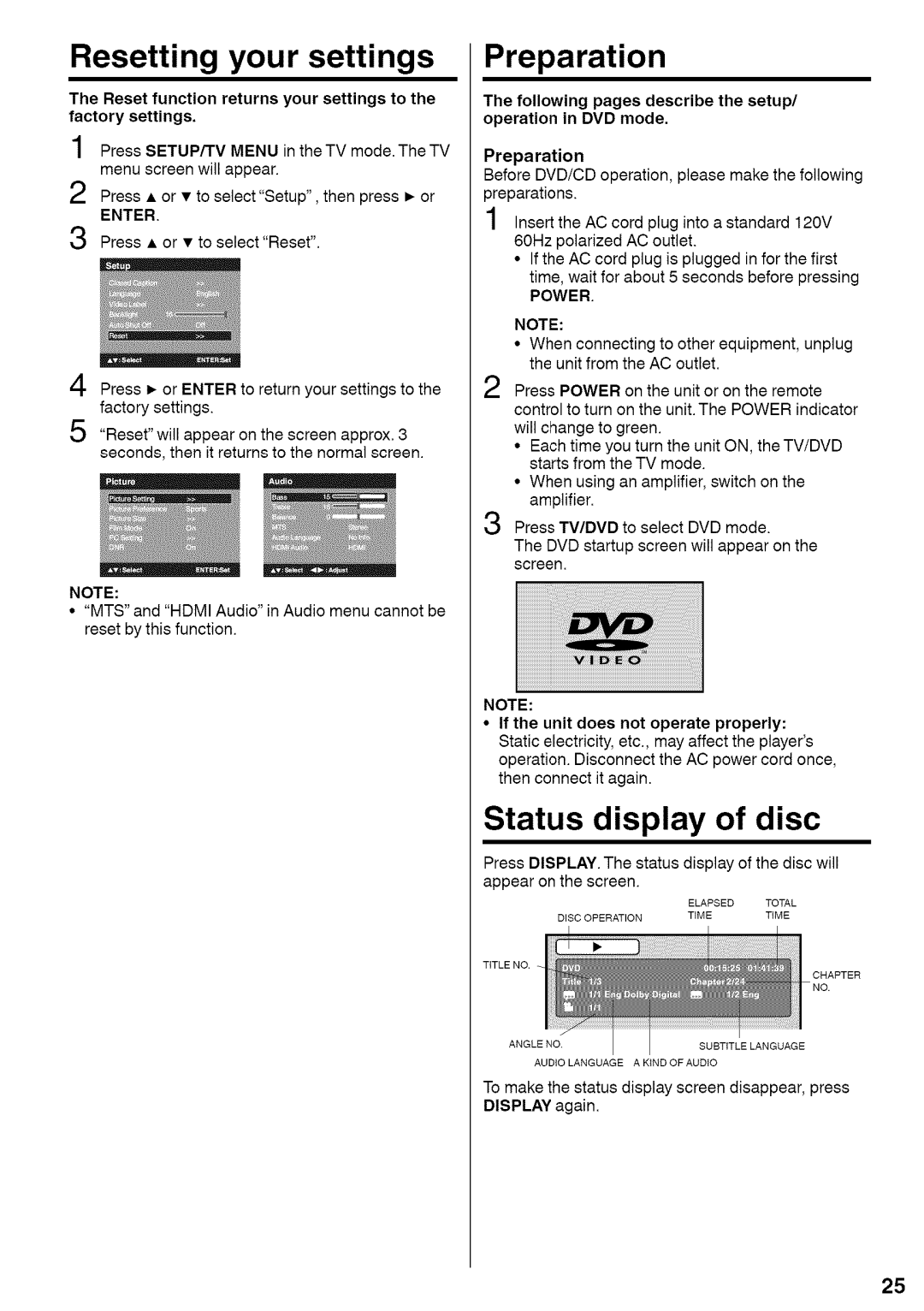 Sansui HDLCDVD220 owner manual Resetting your settings, Preparation, Status display of disc 