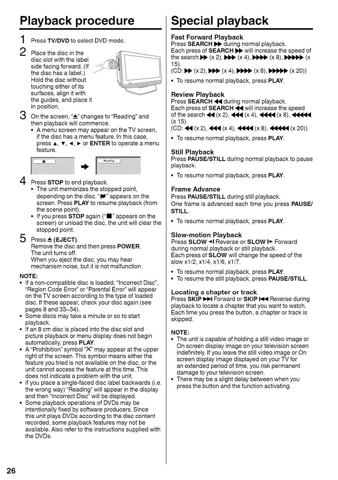 Sansui HDLCDVD220 owner manual Playback proced ure Special playback, Forward Playback, 44444, Frame Advance 