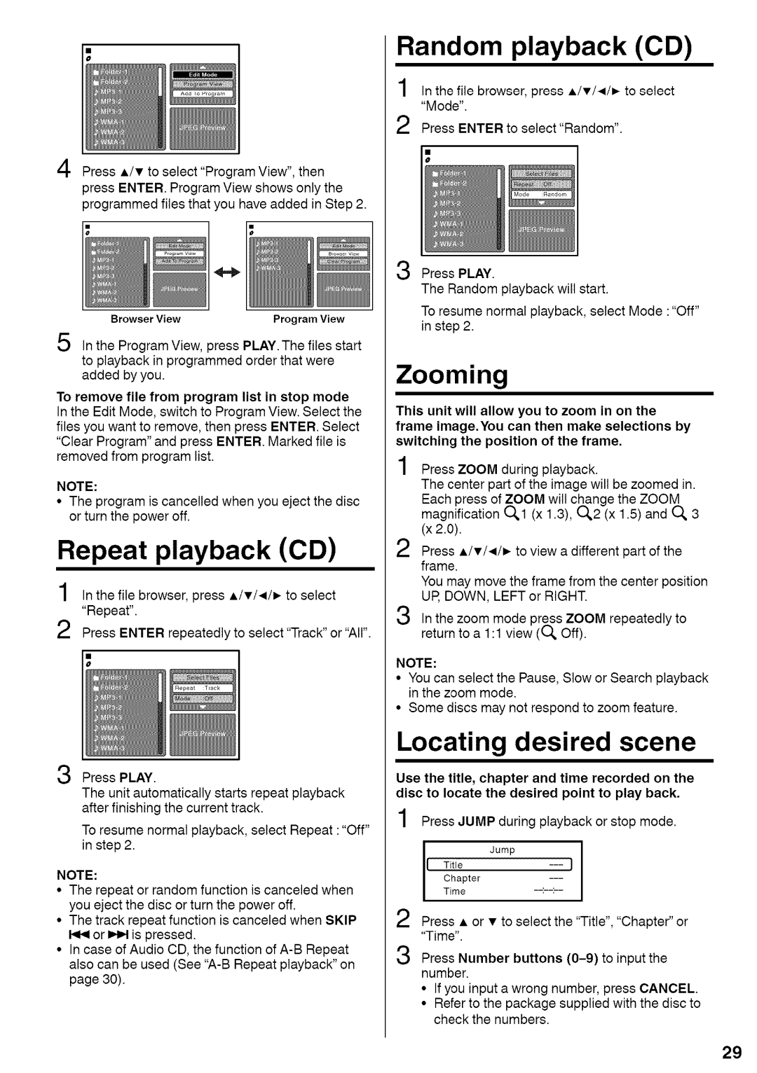 Sansui HDLCDVD220 owner manual Random playback CD, Repeat playback CD, Locating desired scene 