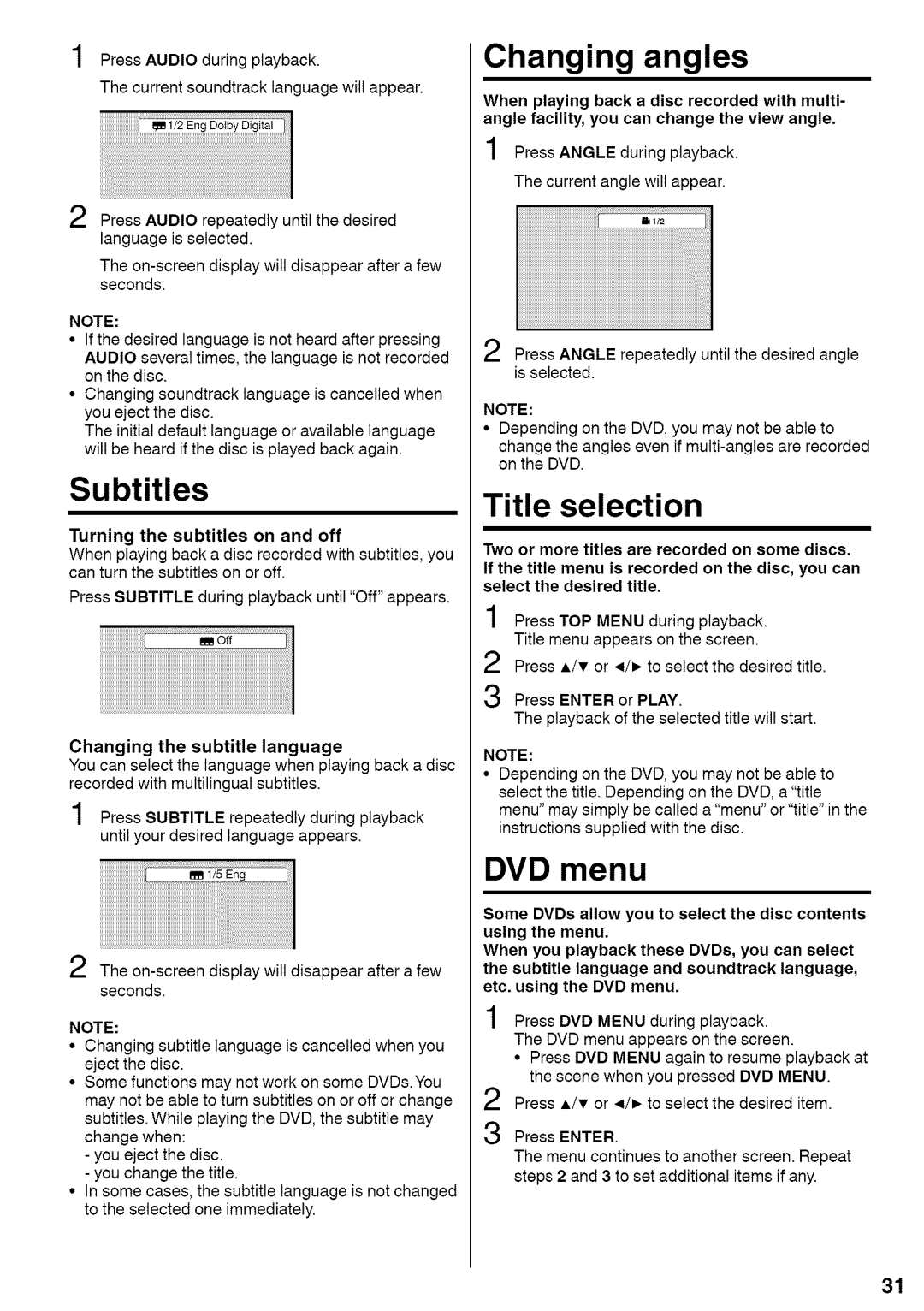 Sansui HDLCDVD220 owner manual Changing angles, Title selection, DVD menu 