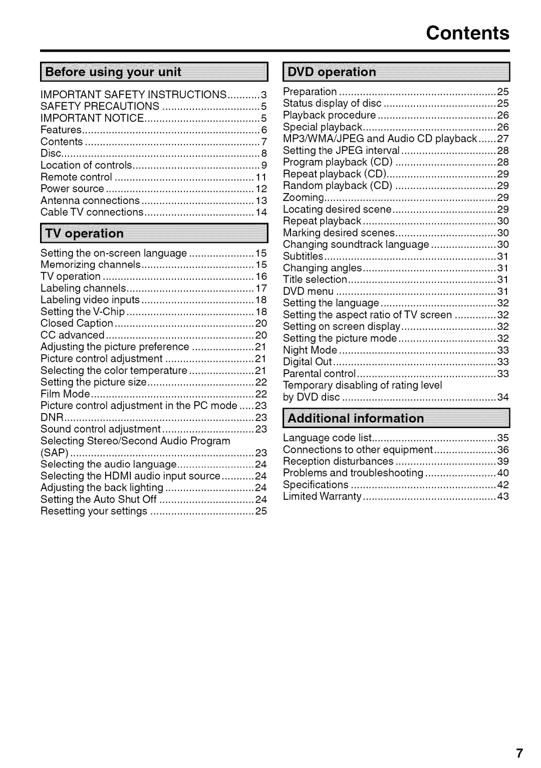 Sansui HDLCDVD220 owner manual Contents 