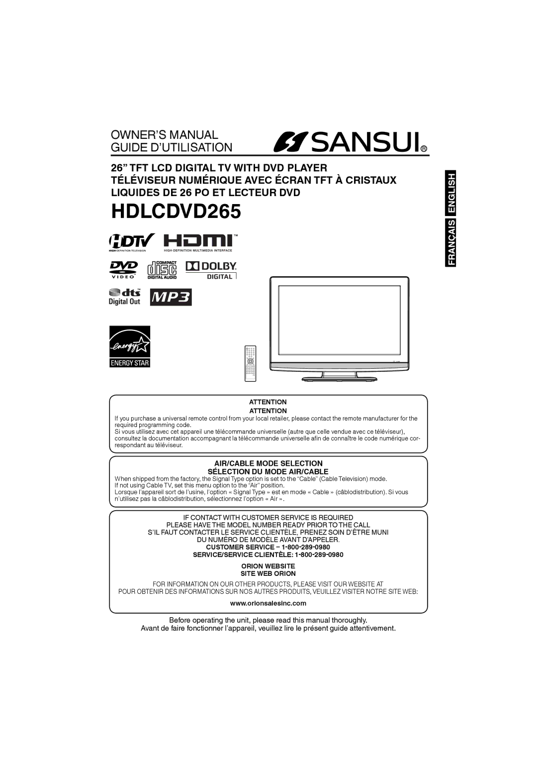 Sansui HDLCDVD265 owner manual Customer Service, SERVICE/SERVICE Clientèle Orion Website Site WEB Orion 