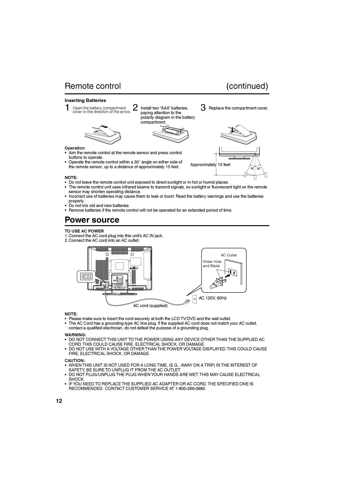 Sansui HDLCDVD265 owner manual Power source, Inserting Batteries, Operation, To USE AC Power 