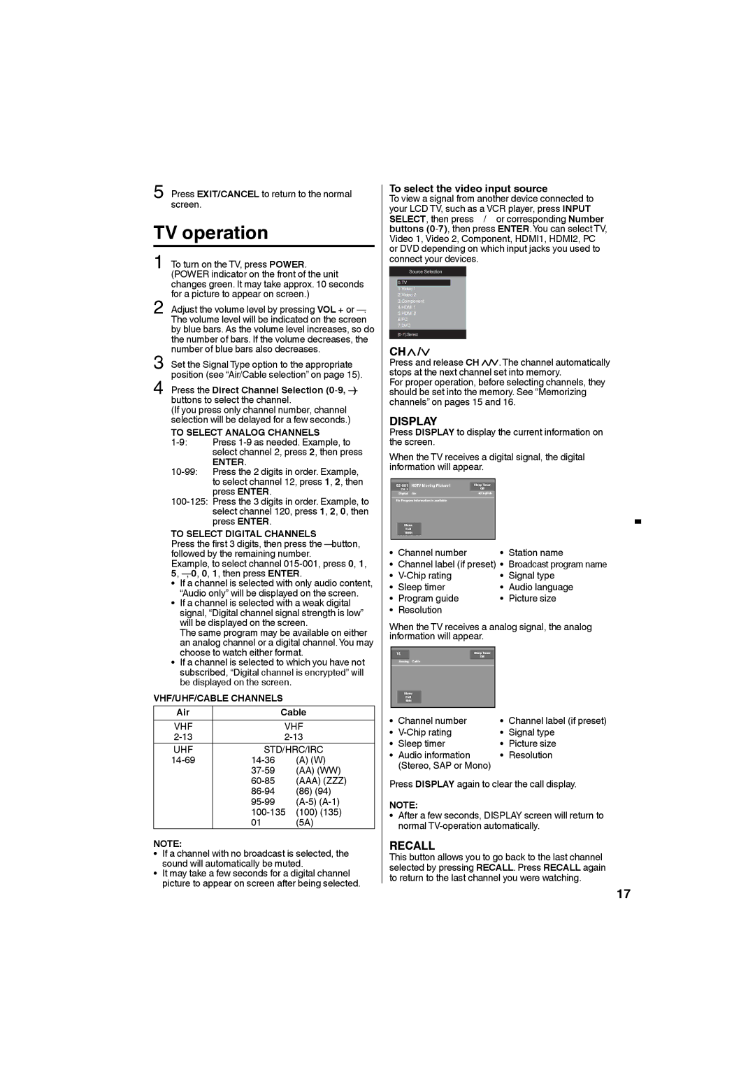 Sansui HDLCDVD265 TV operation, To select the video input source, To Select Analog Channels, To Select Digital Channels 