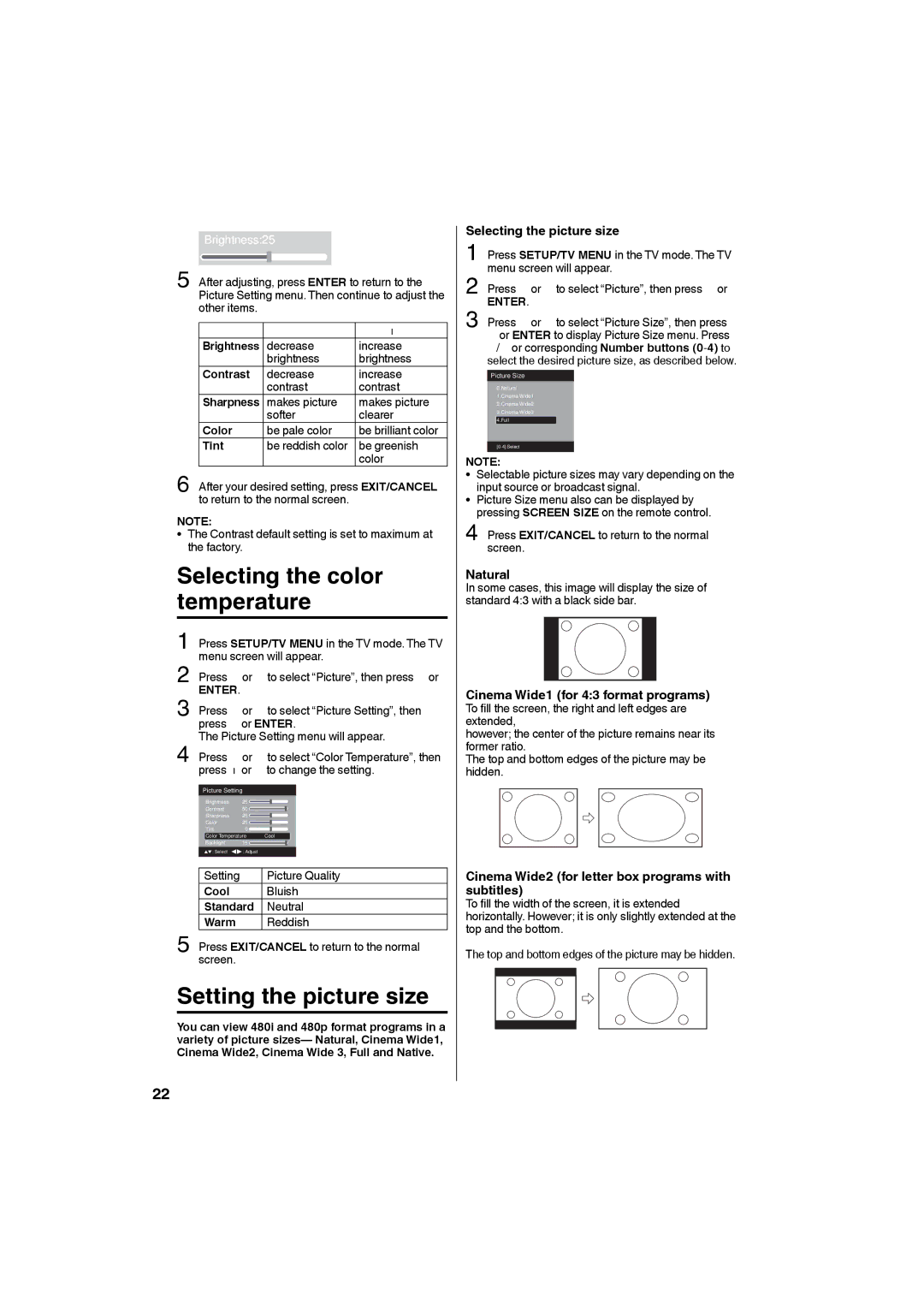 Sansui HDLCDVD265 Selecting the color temperature, Setting the picture size, Selecting the picture size, Natural 