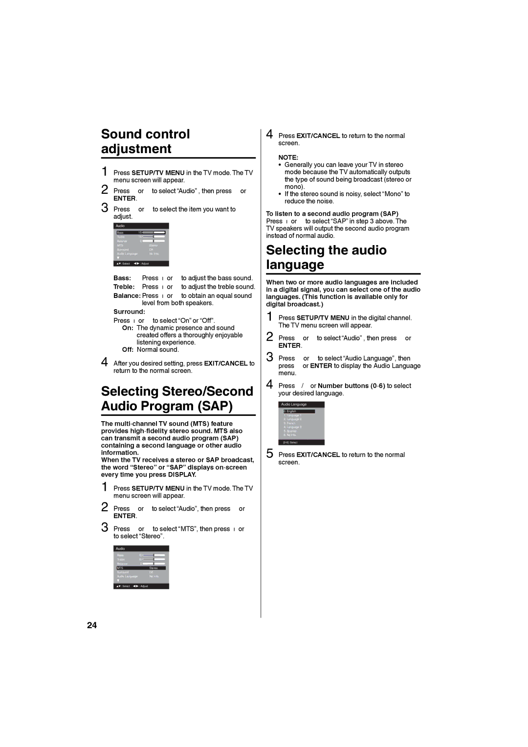 Sansui HDLCDVD265 owner manual Sound control adjustment, Selecting the audio language, Surround 