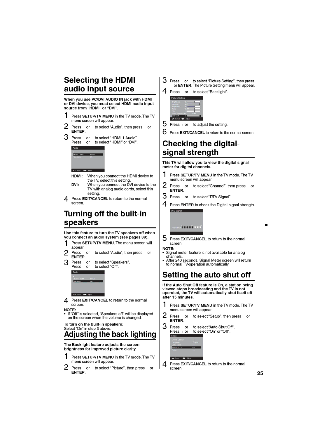 Sansui HDLCDVD265 owner manual Turning off the built-in speakers, To turn on the built-in speakers 