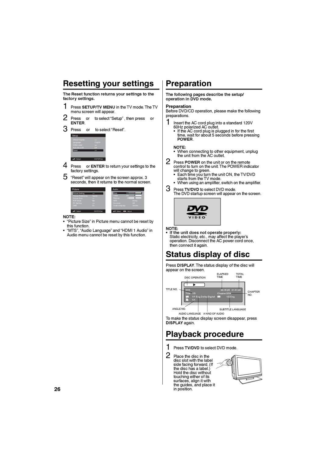 Sansui HDLCDVD265 owner manual Preparation, Status display of disc, Playback procedure, Power 