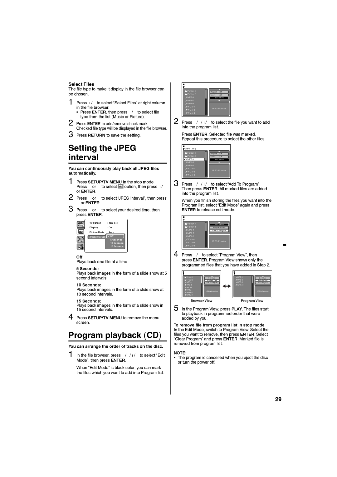 Sansui HDLCDVD265 Setting the Jpeg interval, Select Files, You can continuously play back all Jpeg files automatically 