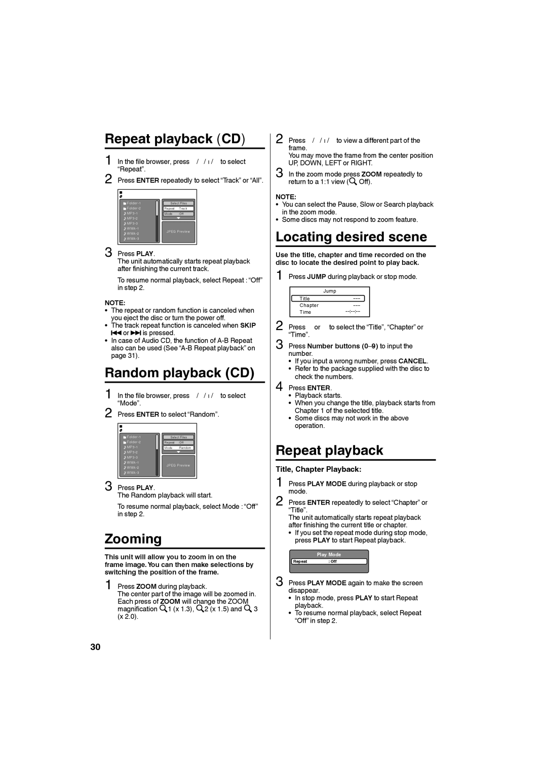 Sansui HDLCDVD265 owner manual Repeat playback CD, Random playback CD, Zooming, Title, Chapter Playback 