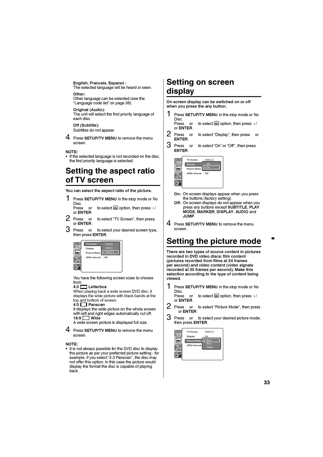 Sansui HDLCDVD265 owner manual Setting the aspect ratio of TV screen, Setting on screen display, Setting the picture mode 