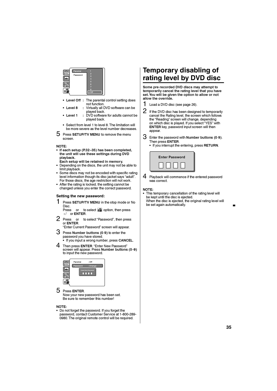 Sansui HDLCDVD265 owner manual Temporary disabling of rating level by DVD disc, Setting the new password, Press Enter 