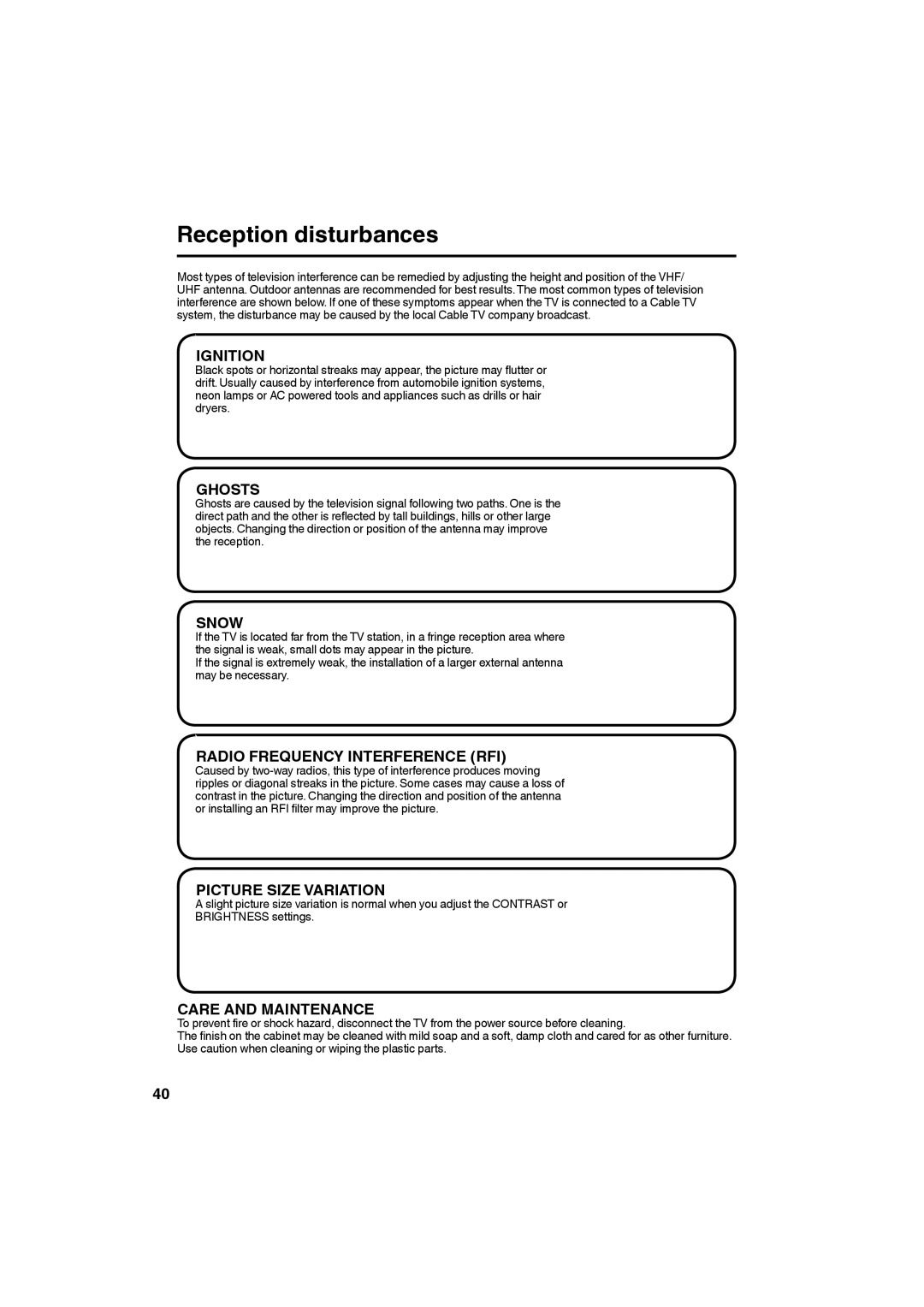 Sansui HDLCDVD265 owner manual Reception disturbances, Ignition 