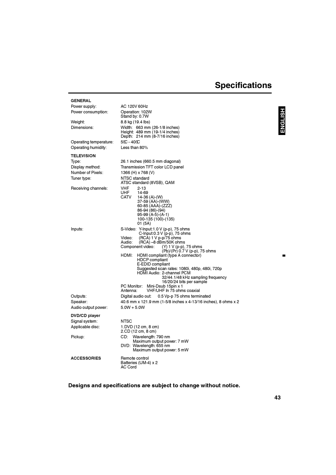 Sansui HDLCDVD265 owner manual Specifications, General, Television, DVD/CD player, Accessories 